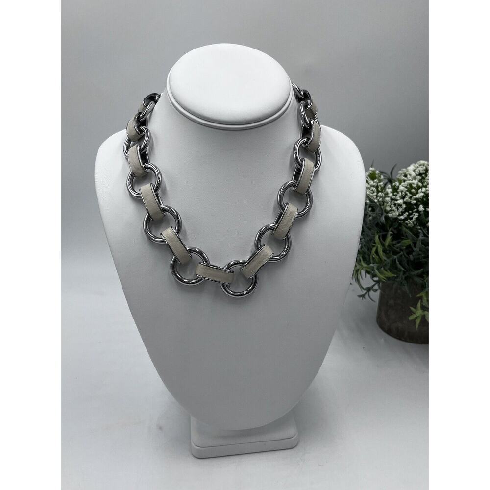 Banana Republic Silver Tone Link Necklace With Beige‎ Leather Links Toggle Clasp